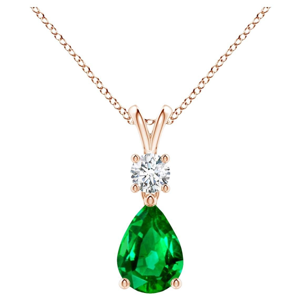 Natural Pear-Shaped Emerald V-Bale Pendant in 14K Rose Gold Size-7x5mm For Sale