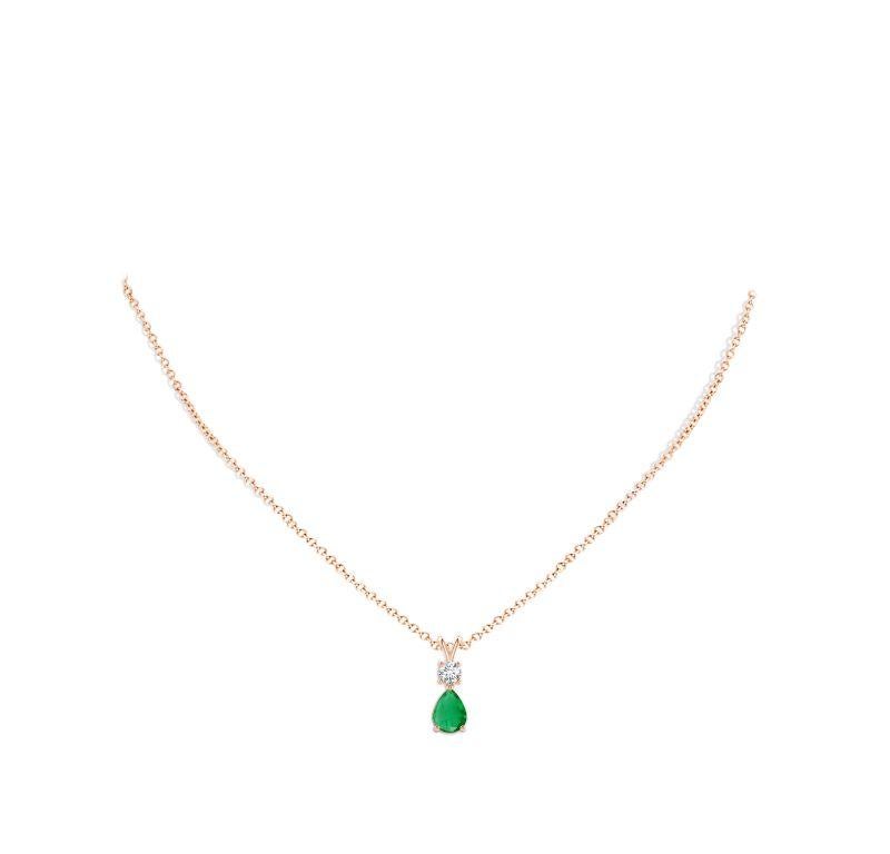 Pear Cut Natural Pear-Shaped Emerald V-Bale Pendant in 14K Rose Gold Size-8x6mm For Sale