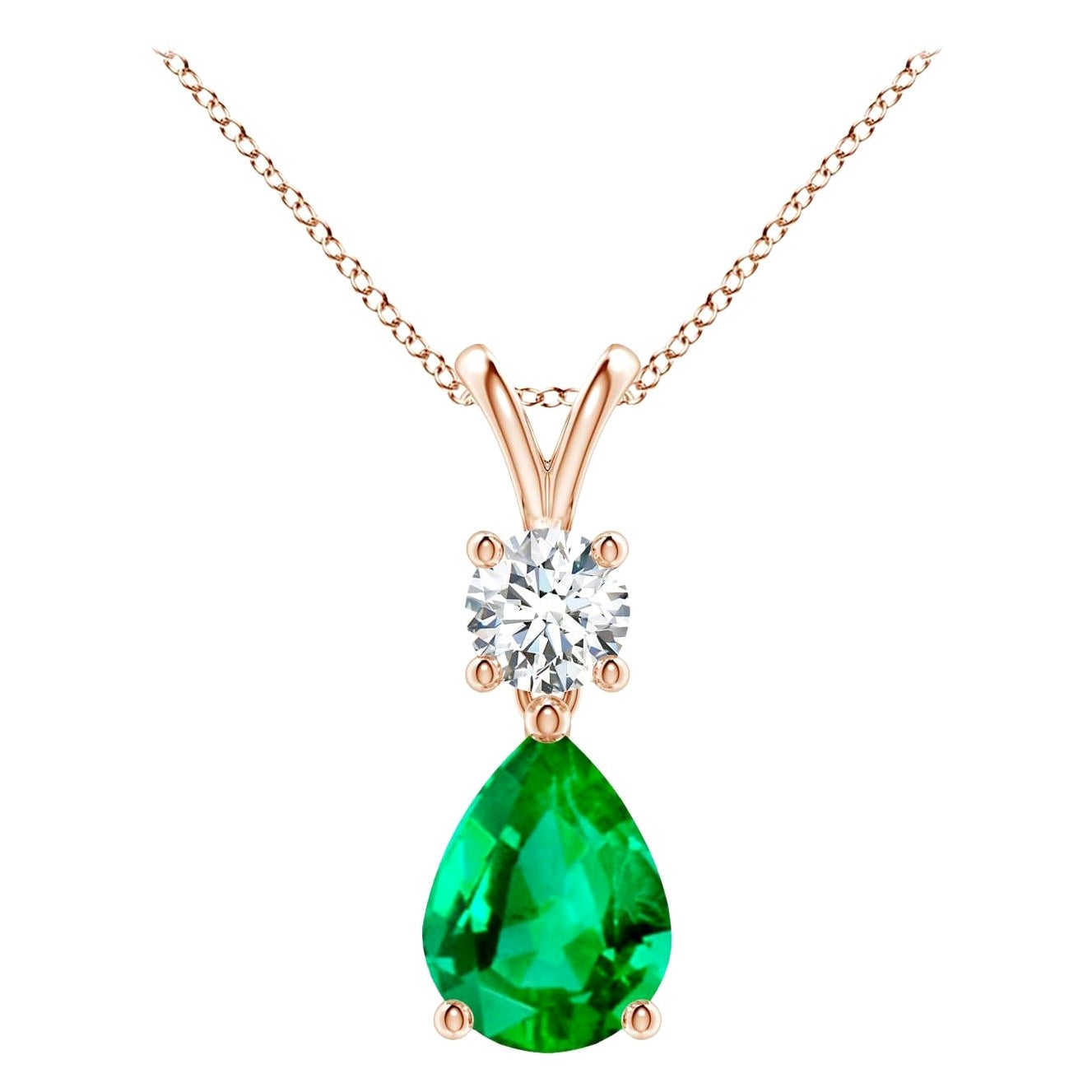 Natural Pear-Shaped Emerald V-Bale Pendant in 14K Rose Gold Size-8x6mm
