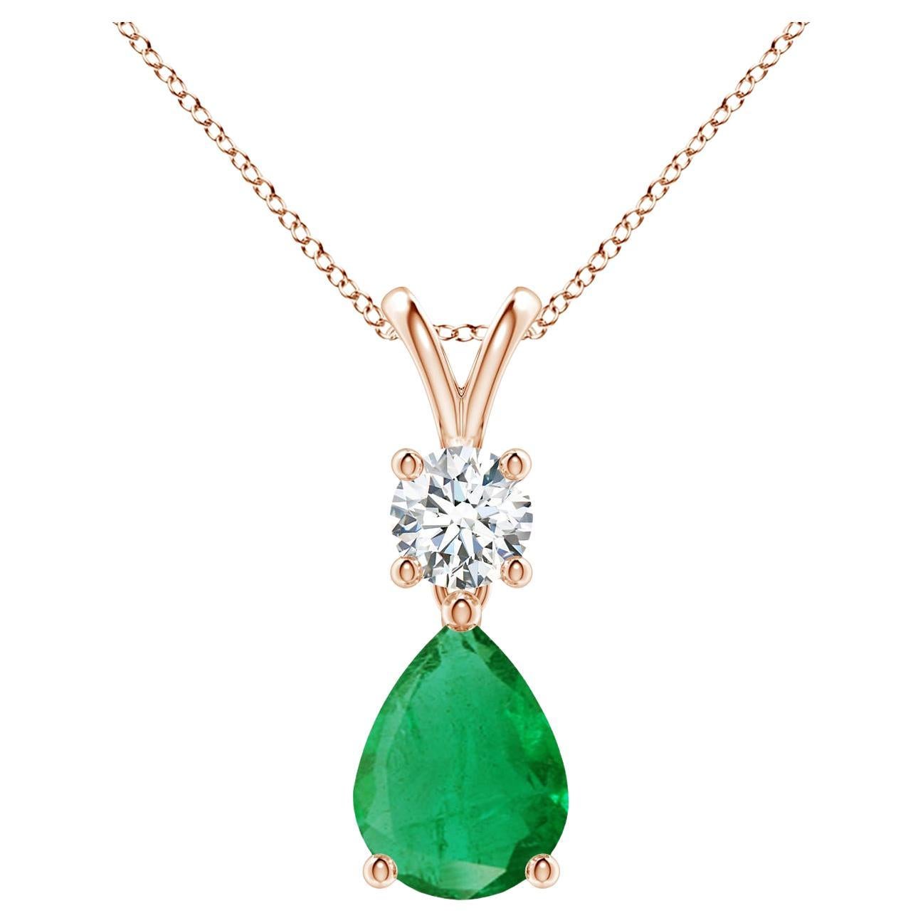 Natural Pear-Shaped Emerald V-Bale Pendant in 14K Rose Gold Size-8x6mm