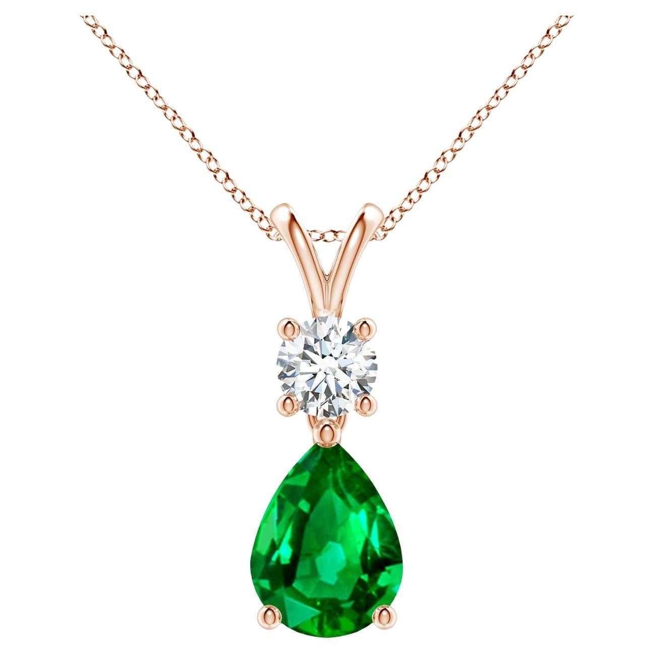 Natural Pear-Shaped Emerald V-Bale Pendant in 14K Rose Gold Size-8x6mm For Sale