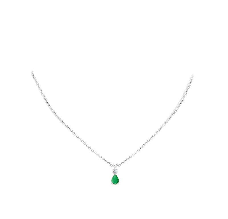 Pear Cut Natural Pear-Shaped Emerald V-Bale Pendant in 14K White Gold Size-7x5mm For Sale