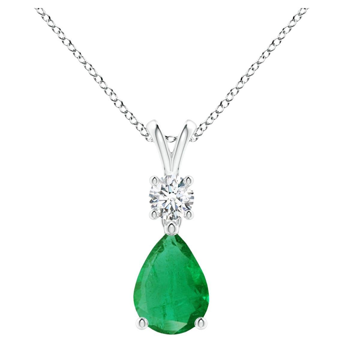 Natural Pear-Shaped Emerald V-Bale Pendant in 14K White Gold Size-7x5mm