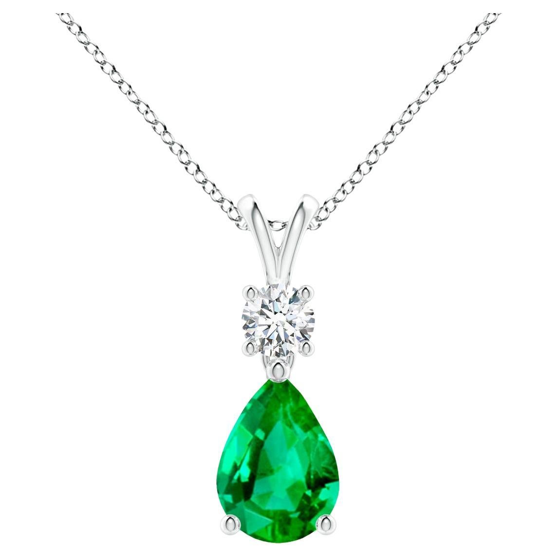 Natural Pear-Shaped Emerald V-Bale Pendant in 14K White Gold Size-7x5mm For Sale