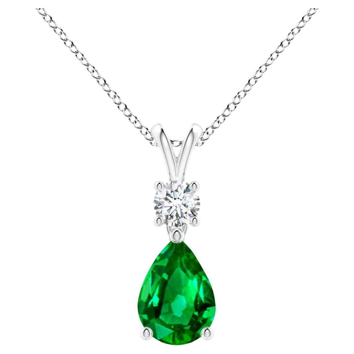 Natural Pear-Shaped Emerald V-Bale Pendant in 14K White Gold Size-7x5mm