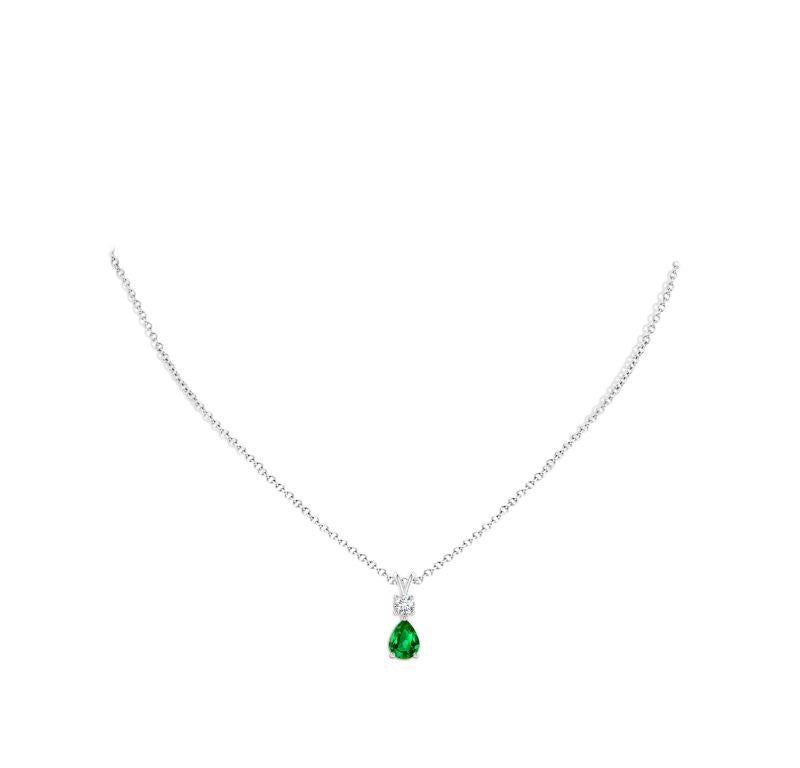 Pear Cut Natural Pear-Shaped Emerald V-Bale Pendant in 14K White Gold Size-8x6mm For Sale