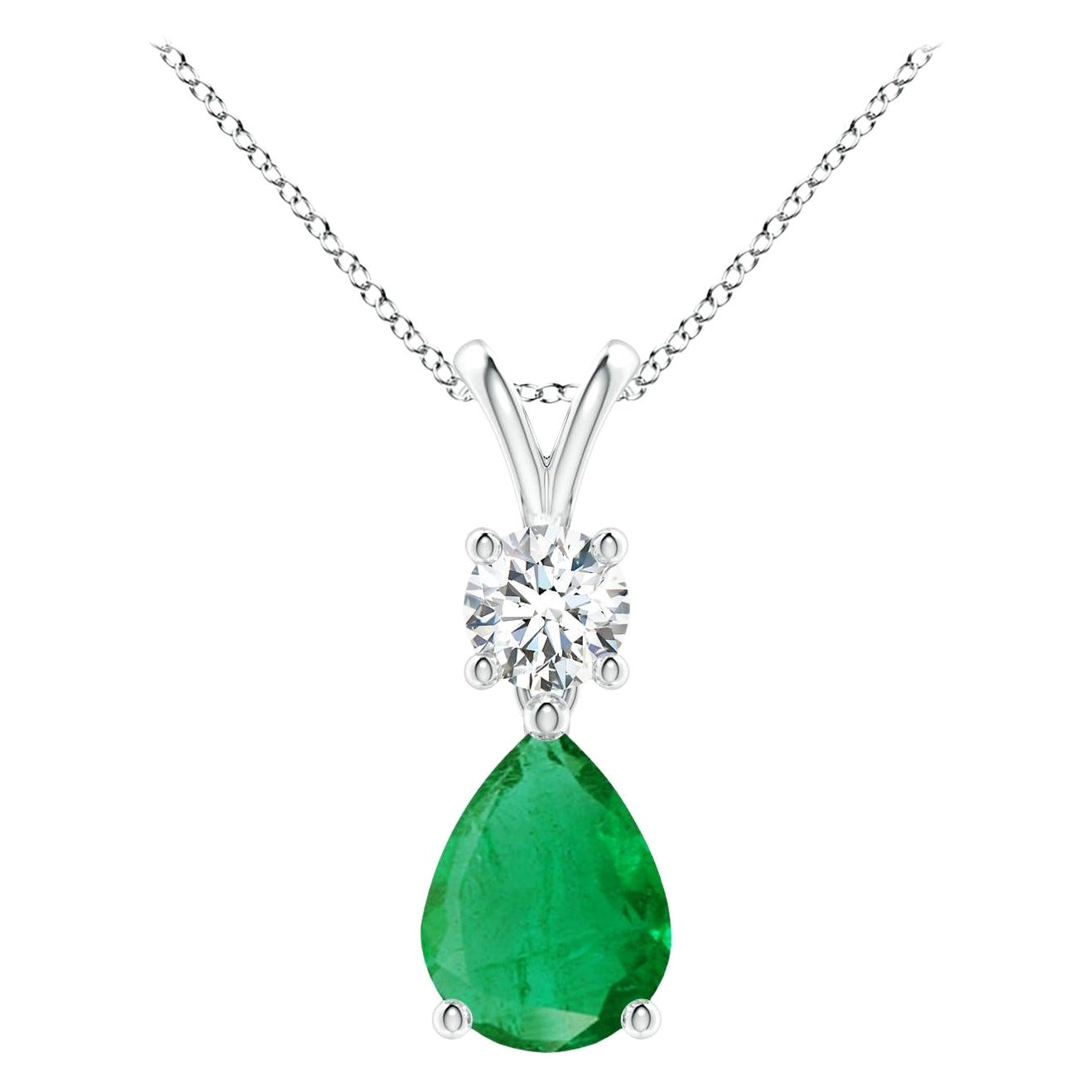 Natural Pear-Shaped Emerald V-Bale Pendant in 14K White Gold Size-8x6mm