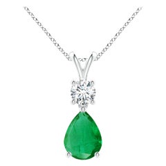 Natural Pear-Shaped Emerald V-Bale Pendant in 14K White Gold Size-8x6mm