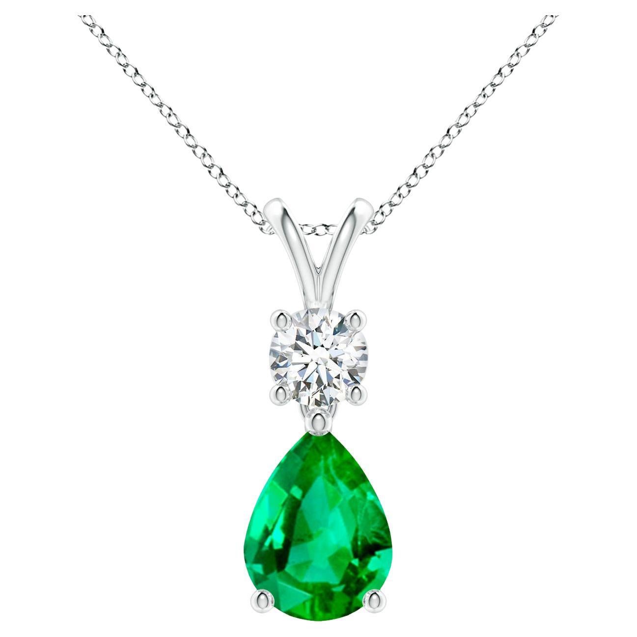 Natural Pear-Shaped Emerald V-Bale Pendant in 14K White Gold Size-8x6mm