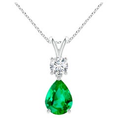 Natural Pear-Shaped Emerald V-Bale Pendant in 14K White Gold Size-8x6mm