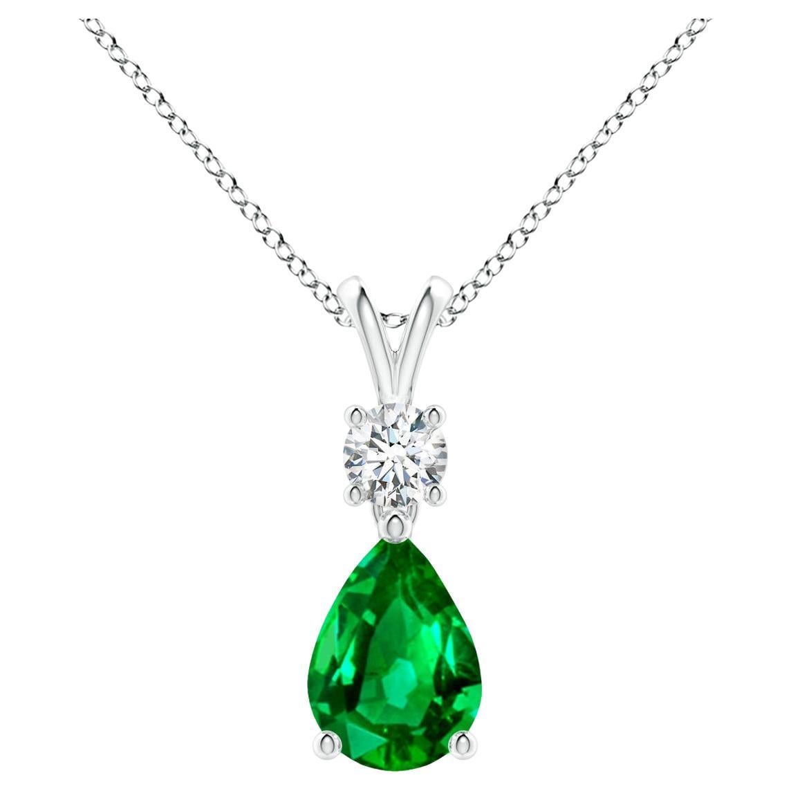 Natural Pear-Shaped Emerald V-Bale Pendant in 14K White Gold Size-8x6mm