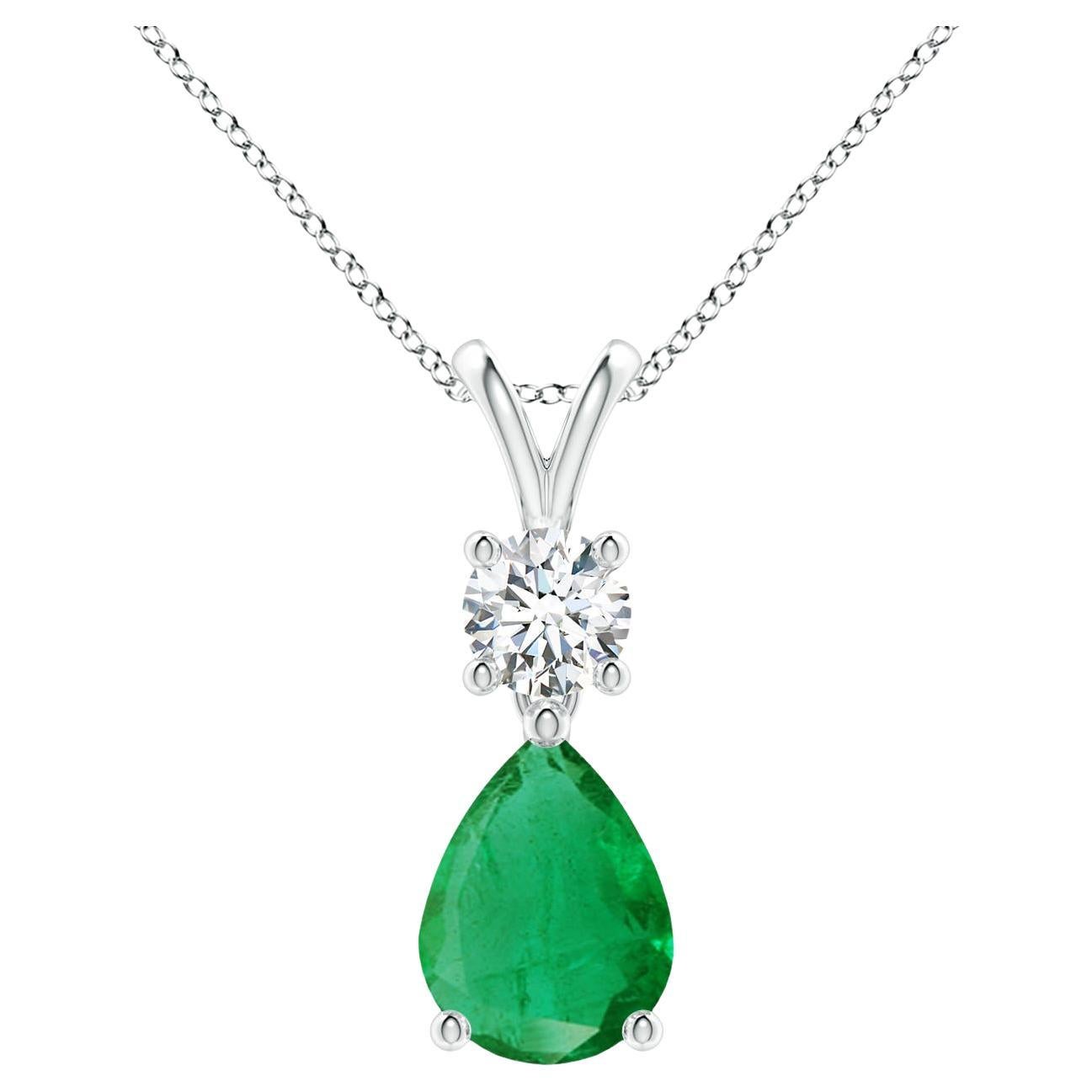 Natural Pear-Shaped Emerald V-Bale Pendant in 14K White Gold Size-8x6mm For Sale
