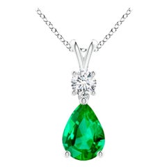 Natural Pear-Shaped Emerald V-Bale Pendant in Platinum (Size-7x5mm)