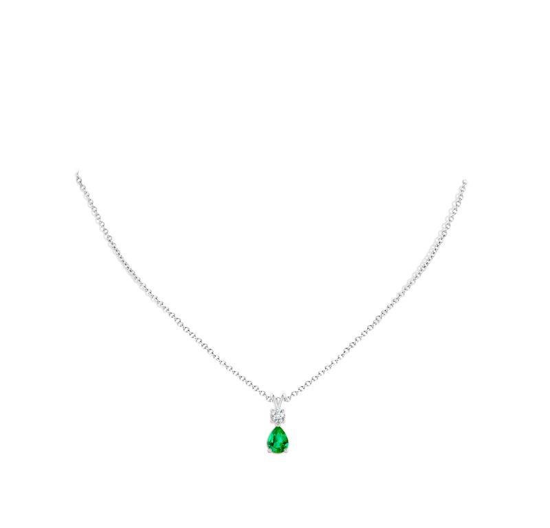 Pear Cut Natural Pear-Shaped Emerald V-Bale Pendant in Platinum (Size-8x6mm) For Sale