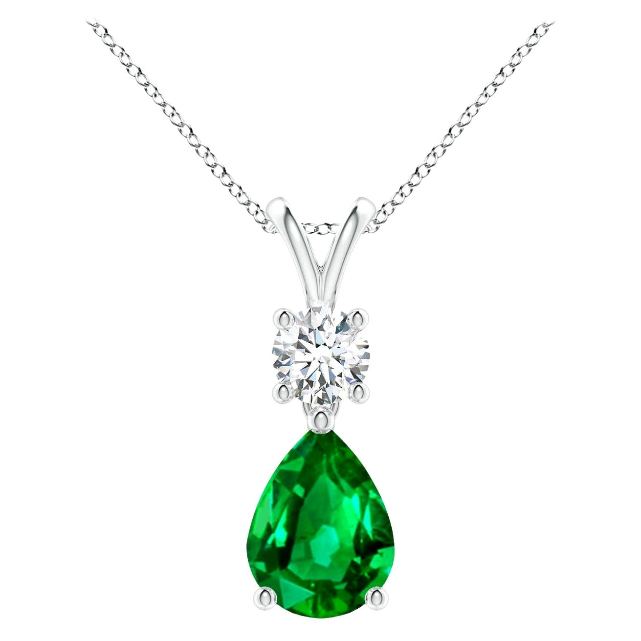 Natural Pear-Shaped Emerald V-Bale Pendant in Platinum (Size-8x6mm)