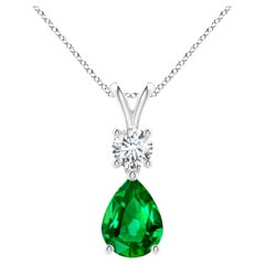 Natural Pear-Shaped Emerald V-Bale Pendant in Platinum (Size-8x6mm)