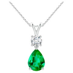 Natural Pear-Shaped Emerald V-Bale Pendant in Platinum (Size-8x6mm)