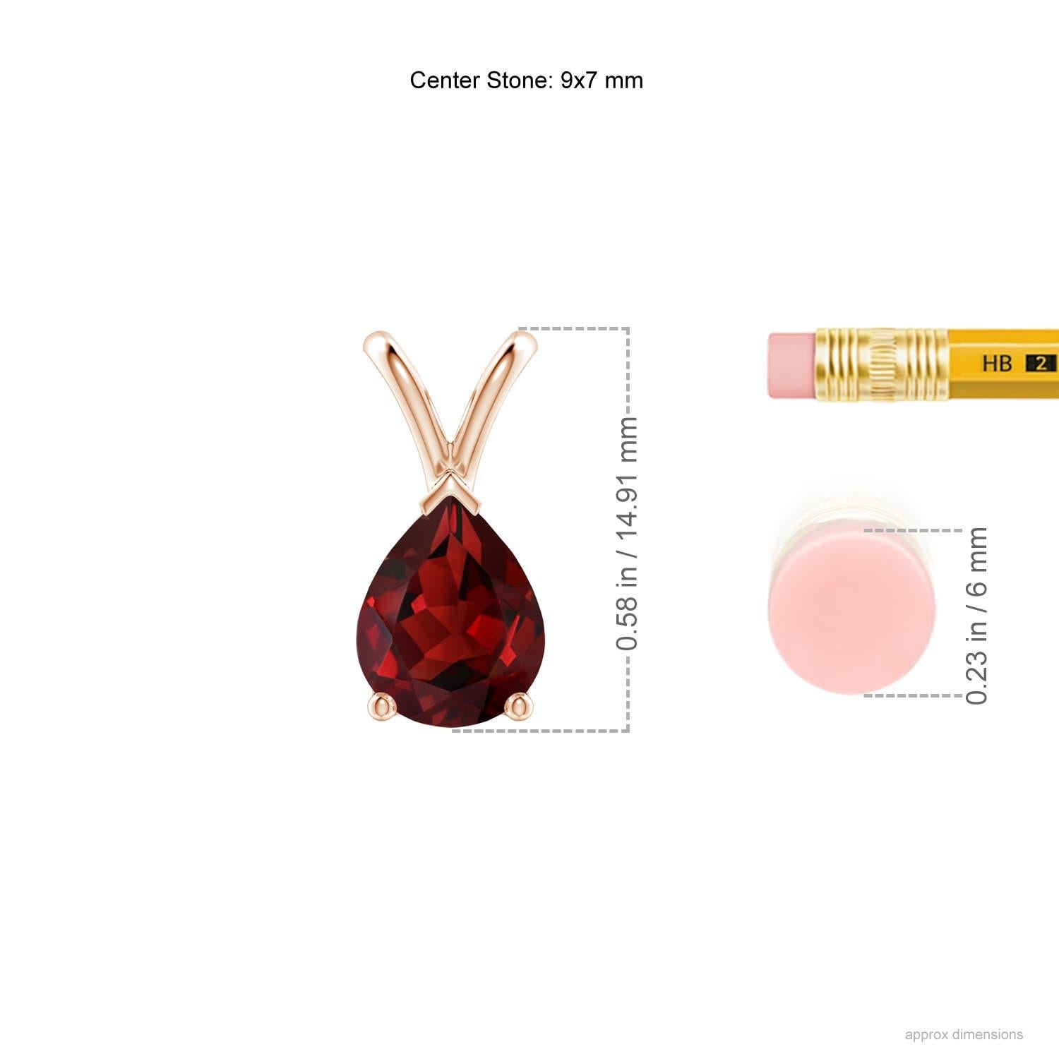 This 14k rose gold classic solitaire garnet pendant looks elegant in its minimalistic design. Linked to a shiny v-bale, the magnificent pear-shaped garnet captivates with its intense red hue. The three-prong setting of the gem showcases its