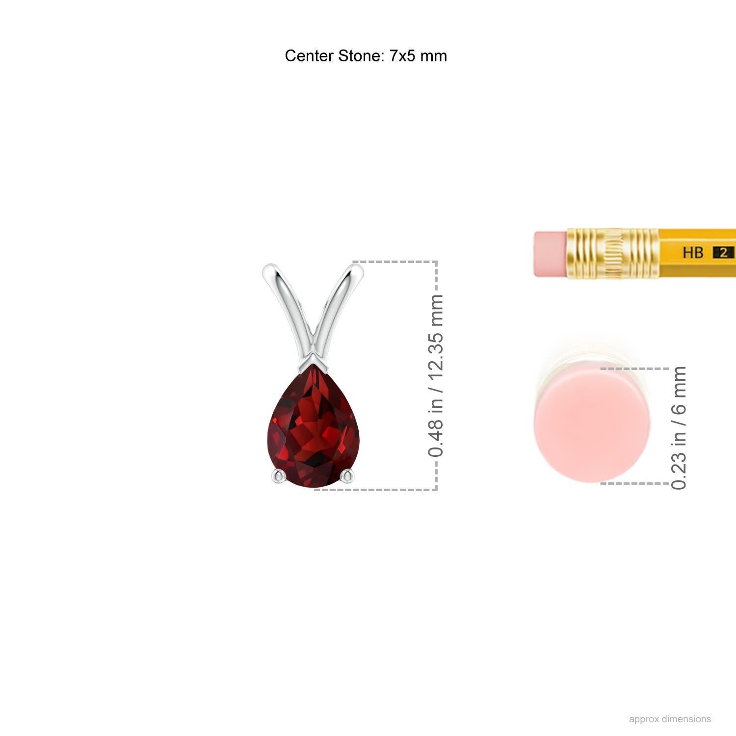 This platinum classic solitaire garnet pendant looks elegant in its minimalistic design. Linked to a shiny v-bale, the magnificent pear-shaped garnet captivates with its intense red hue. The three-prong setting of the gem showcases its exceptional