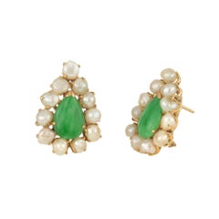 Natural Pear Shaped Jadeite Jade Natural Pearl Gold Clip Post Earrings