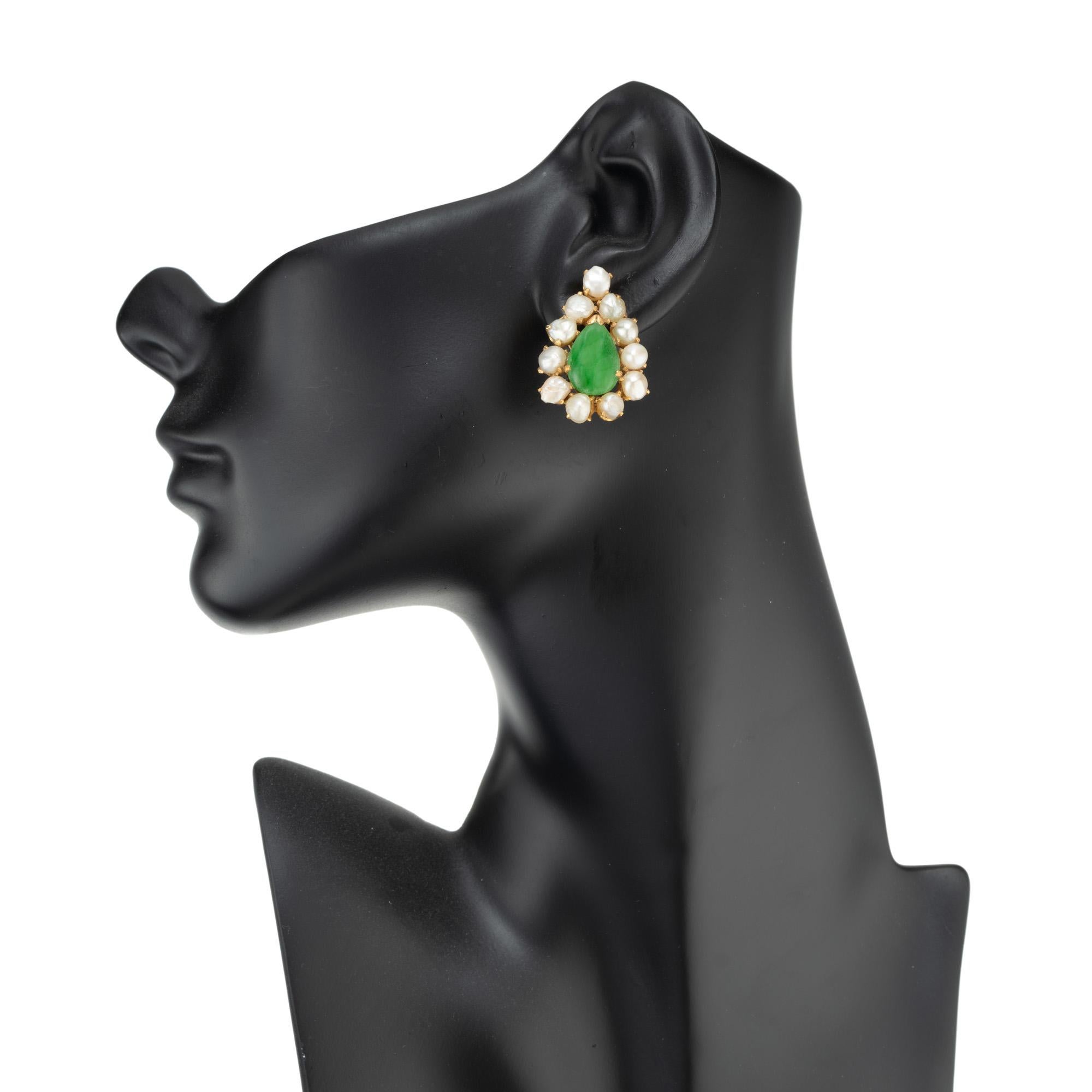 Natural Pear Shaped Jadeite Jade Natural Pearl Gold Clip Post Earrings For Sale 1