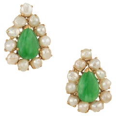 Jadeite naturelle en forme de poire Jade naturelle en forme de perle Boucles d'oreilles à clip en or