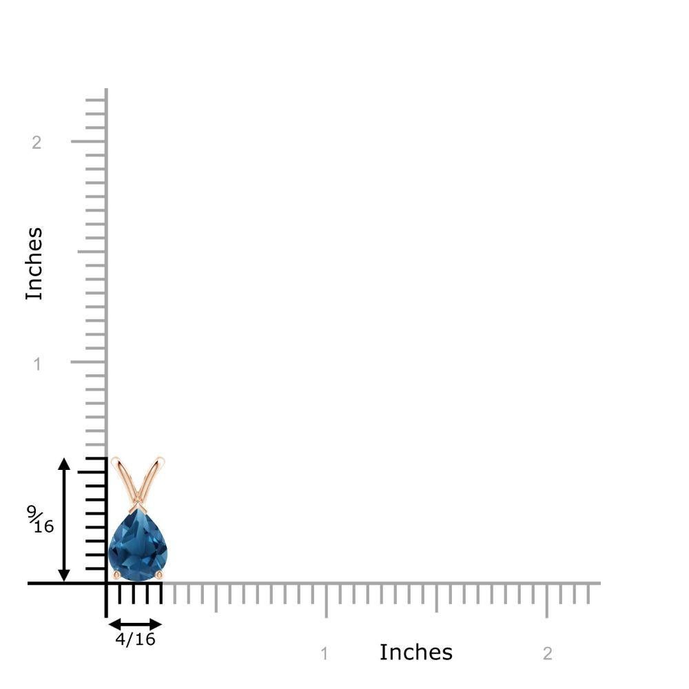 Suspended from a lustrous V bale is a vibrant pear-shaped London blue topaz. It is held in a three prong setting with a V prong securing the tapering tip. Crafted in 14k rose gold, this classic solitaire London blue topaz pendant allures with its
