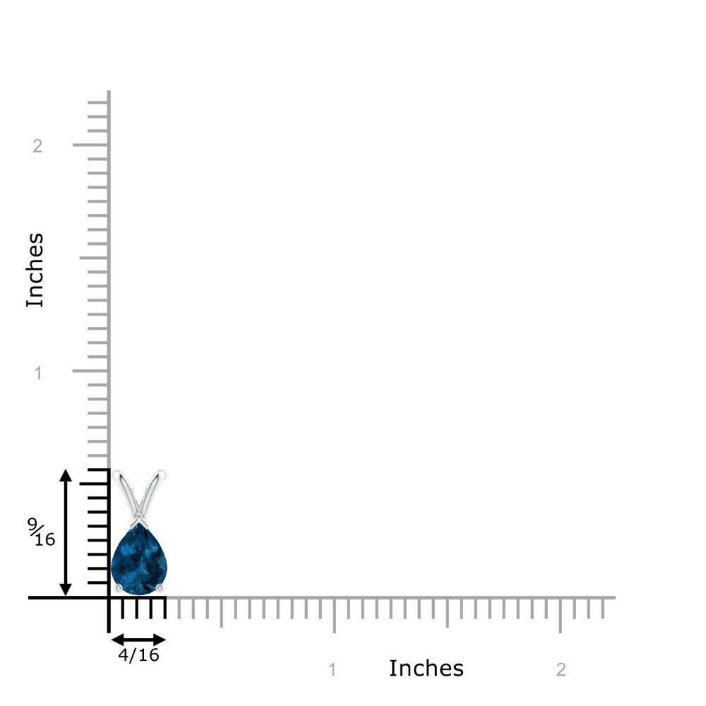 Suspended from a lustrous V bale is a vibrant pear-shaped London blue topaz. It is held in a three prong setting with a V prong securing the tapering tip. Crafted in 14k white gold, this classic solitaire London blue topaz pendant allures with its