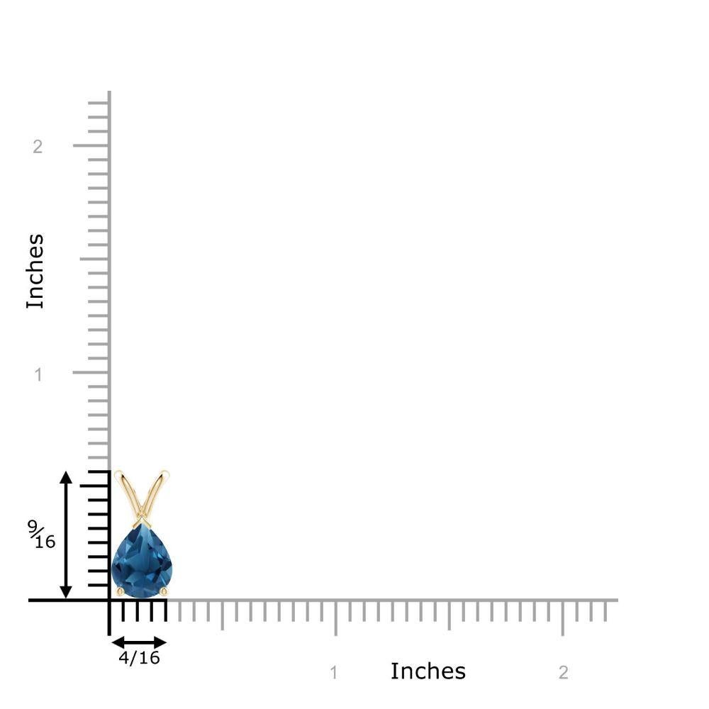 Suspended from a lustrous V bale is a vibrant pear-shaped London blue topaz. It is held in a three prong setting with a V prong securing the tapering tip. Crafted in 14k yellow gold, this classic solitaire London blue topaz pendant allures with its