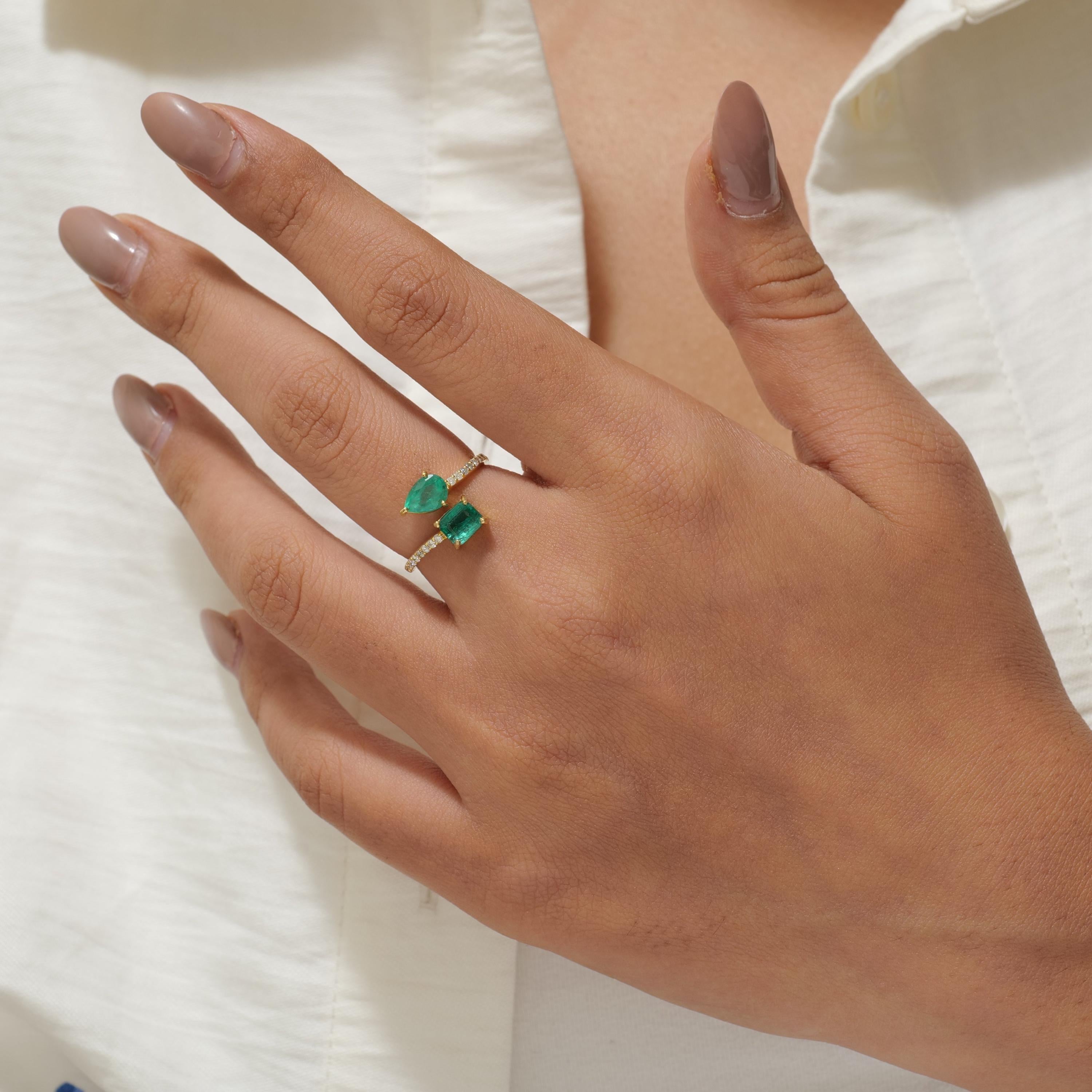 Bypass-Ring aus massivem 14-karätigem Gold mit natürlichem Birnensmaragd und quadratischem Diamant (zertifiziert) (Art déco) im Angebot