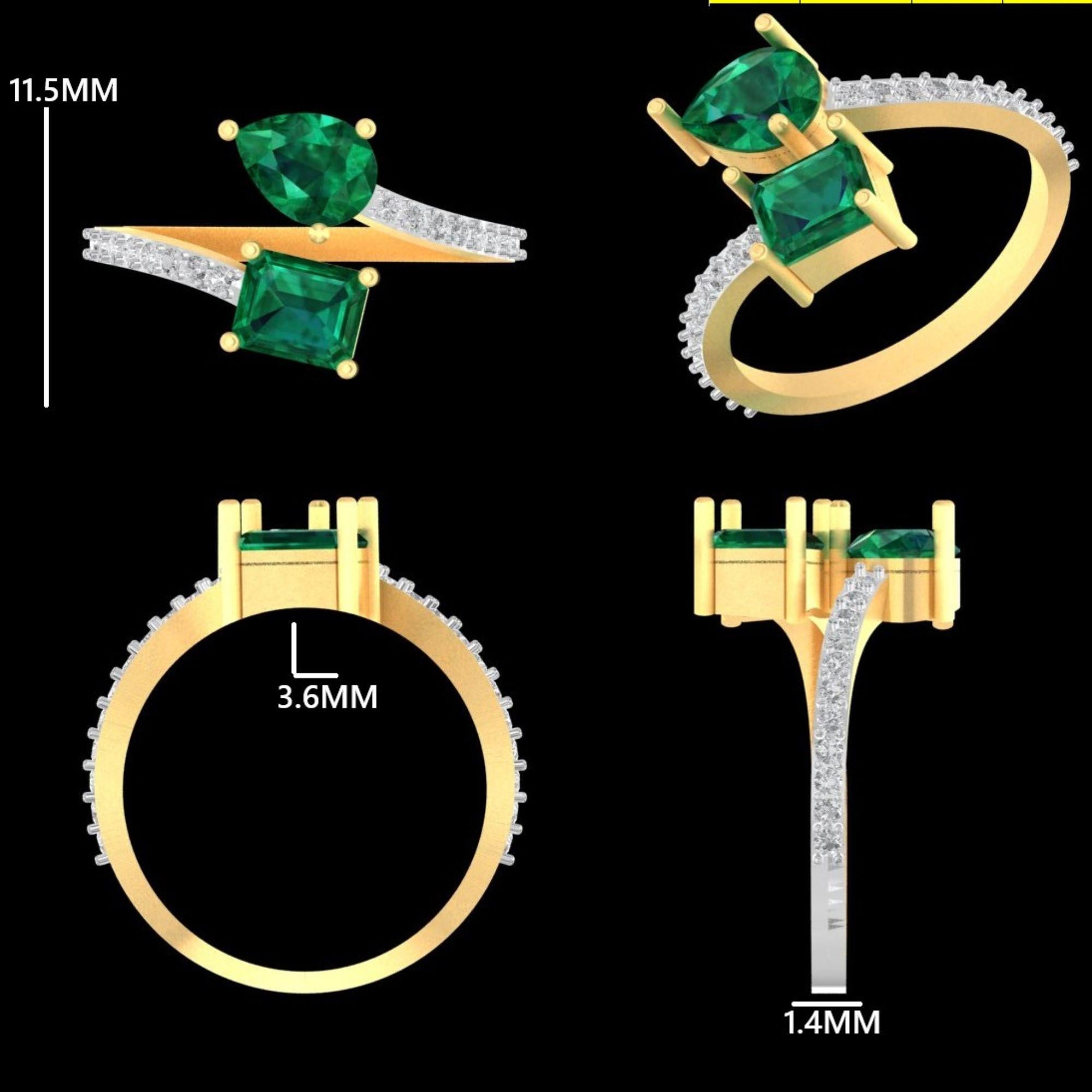 Bypass-Ring aus massivem 14-karätigem Gold mit natürlichem Birnensmaragd und quadratischem Diamant (zertifiziert) im Angebot 3