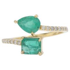 Natural Pear 
Square Emerald Diamond Bypass Ring in 14K Solid Gold (Certified)