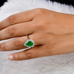 Natural Pear Zambian Emerald Diamond Halo Wedding Ring 14 Karat White Gold