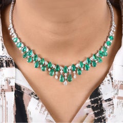 Natural Pear Zambian Emerald Diamond Wedding Choker Necklace 14 Karat White Gold