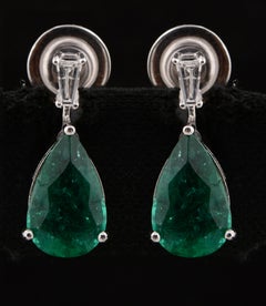 Natural Pear Zambian Emerald Earrings SI/H Brilliant Cut Diamond White Gold