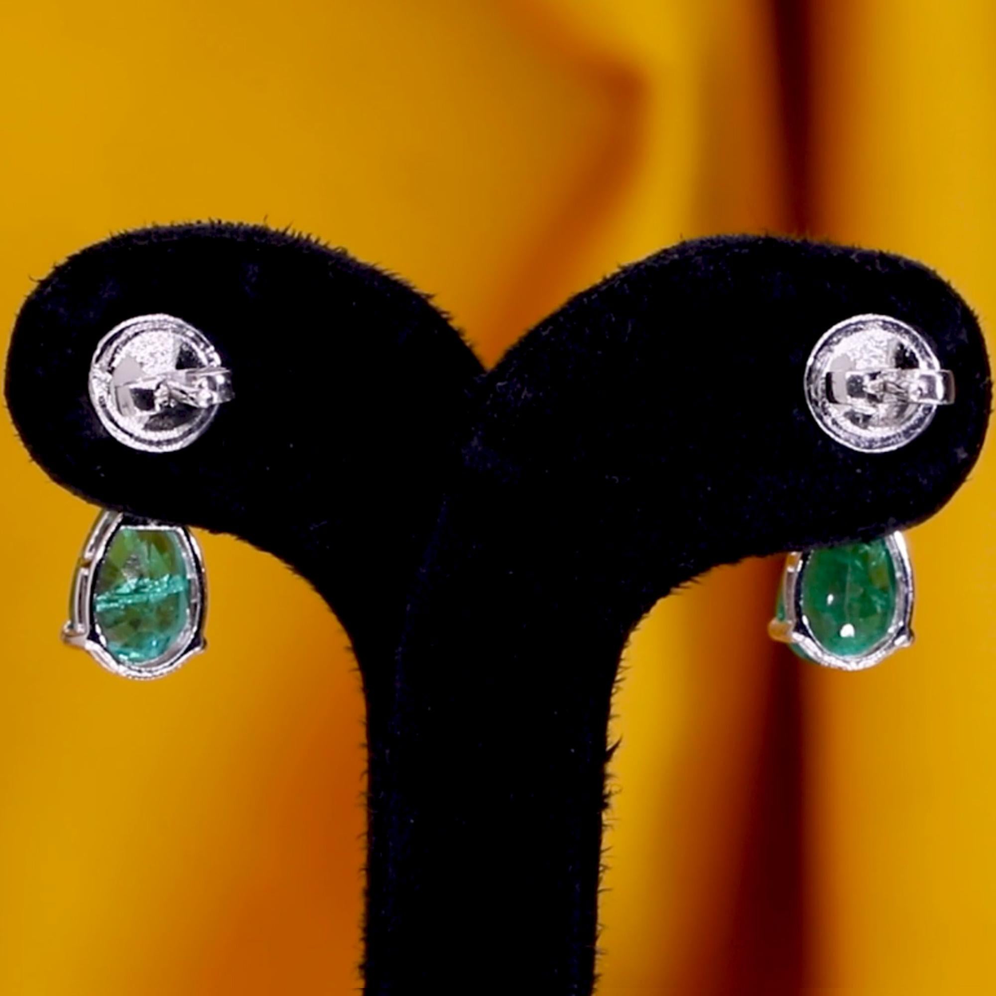 Pear Cut Natural Pear Zambian Emerald Earrings SI/H Brilliant Cut Diamond White Gold For Sale