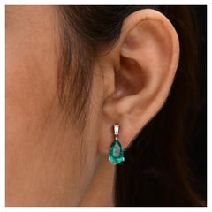 Natural Pear Zambian Emerald Earrings SI/H Diamond 14 Karat White Gold Jewelry