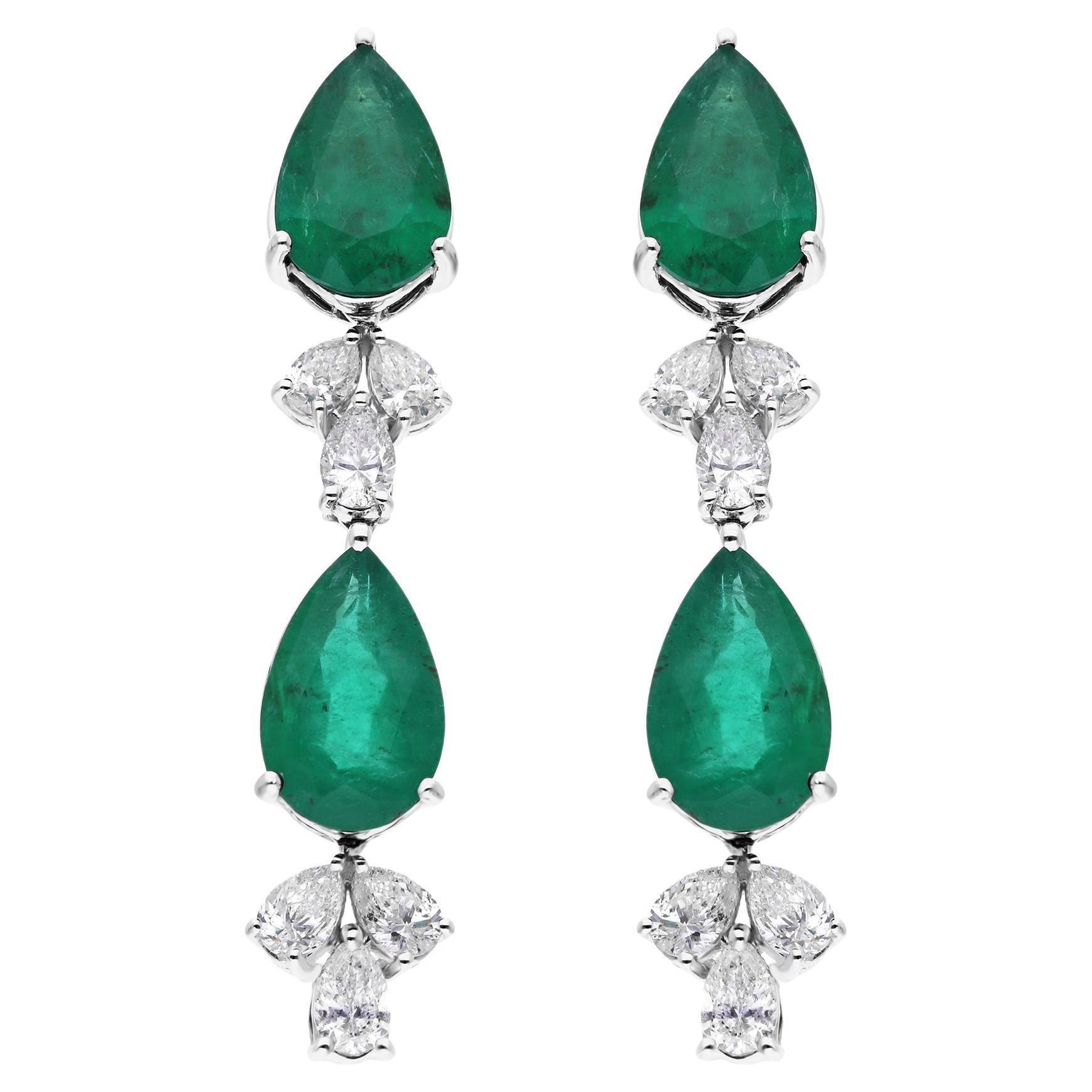 Natural Pear Zambian Emerald Earrings SI/H Diamond 14 Karat White Gold Jewelry