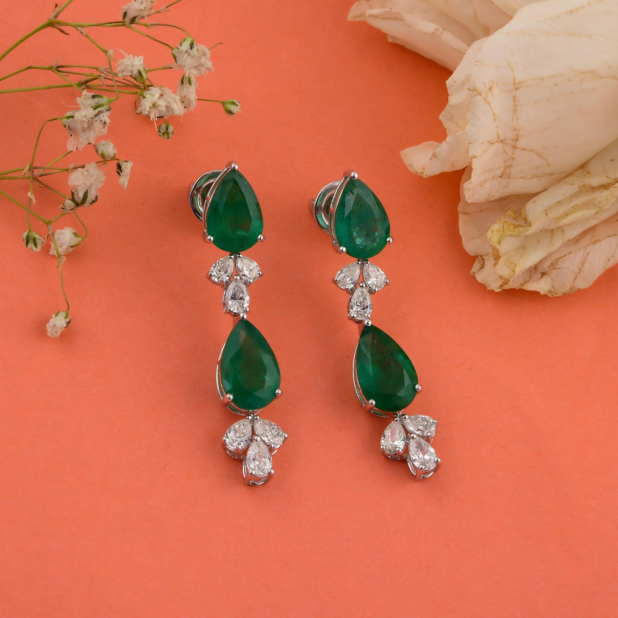 Pendientes Esmeralda Zambiana Pera Natural SI/H Diamante Joyas de Oro Blanco de 18 Kilates Corte pera en venta