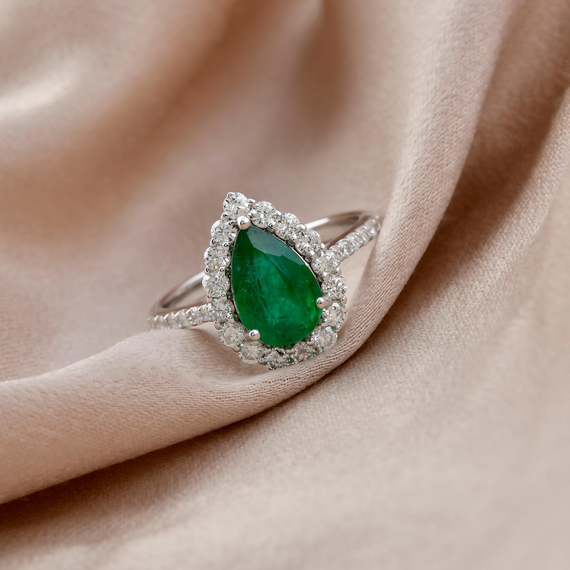Modern Natural Pear Zambian Emerald Gemstone Cocktail Ring Diamond 14 Karat White Gold For Sale