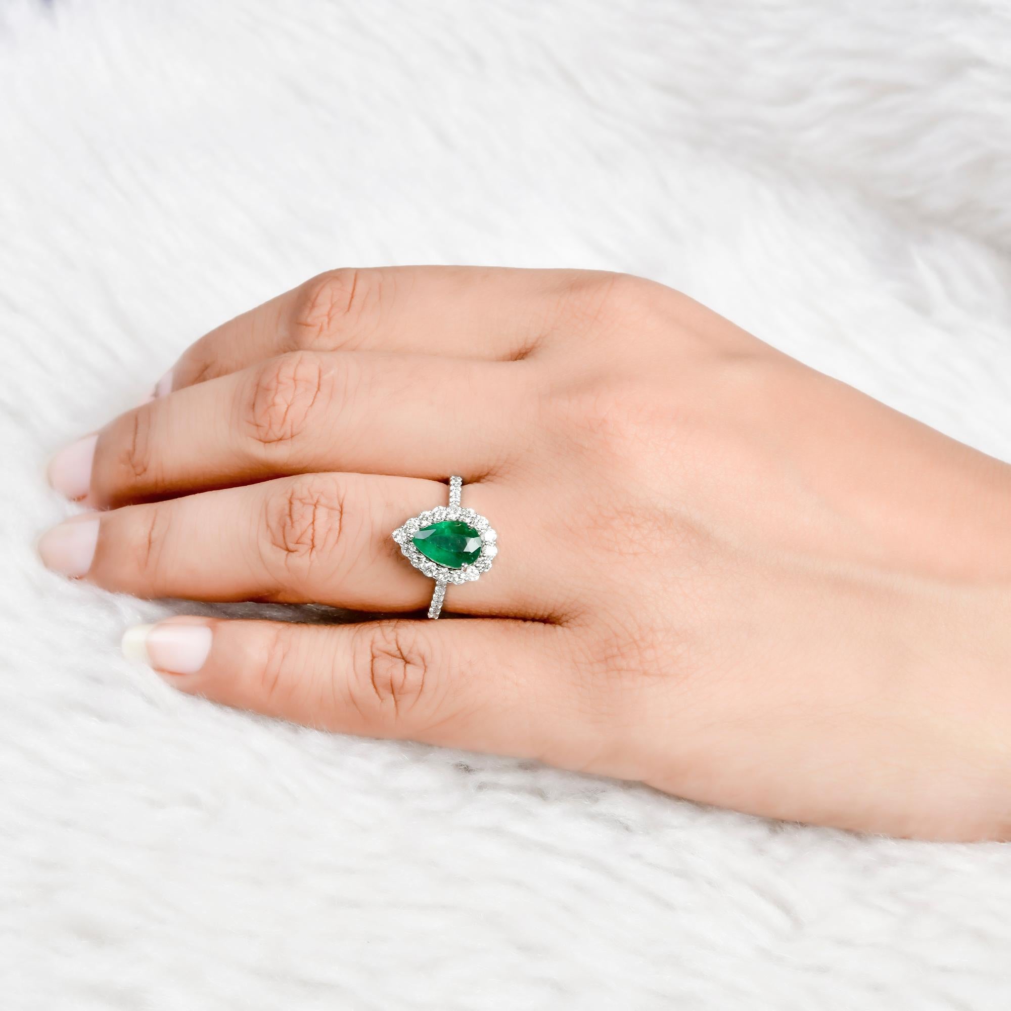 Pear Cut Natural Pear Zambian Emerald Gemstone Cocktail Ring Diamond 14 Karat White Gold For Sale