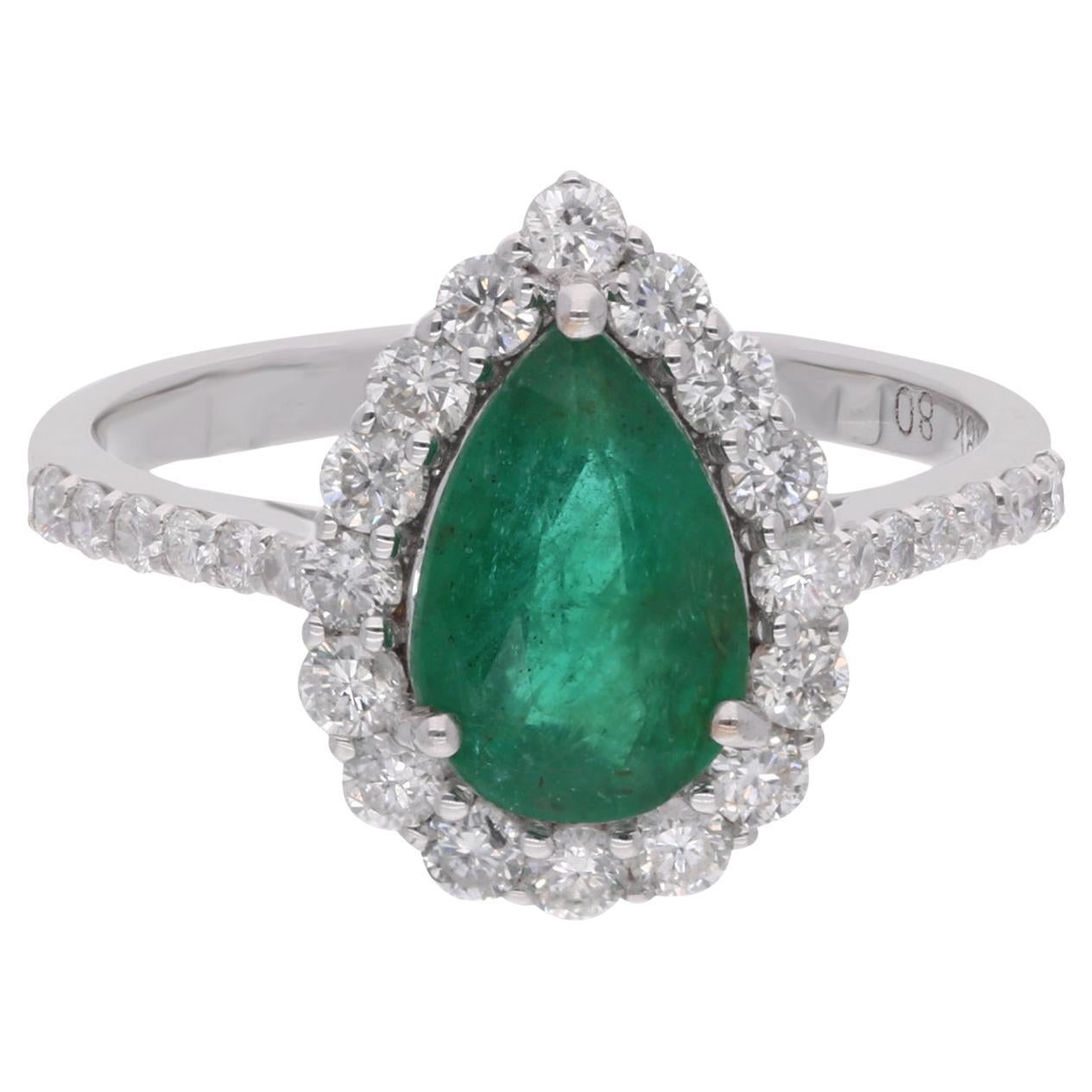 Anello Cocktail con gemma di smeraldo naturale a pera dello Zambia, diamante, oro bianco 14 carati