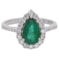 Anello Cocktail con gemma di smeraldo naturale a pera dello Zambia, diamante, oro bianco 14 carati