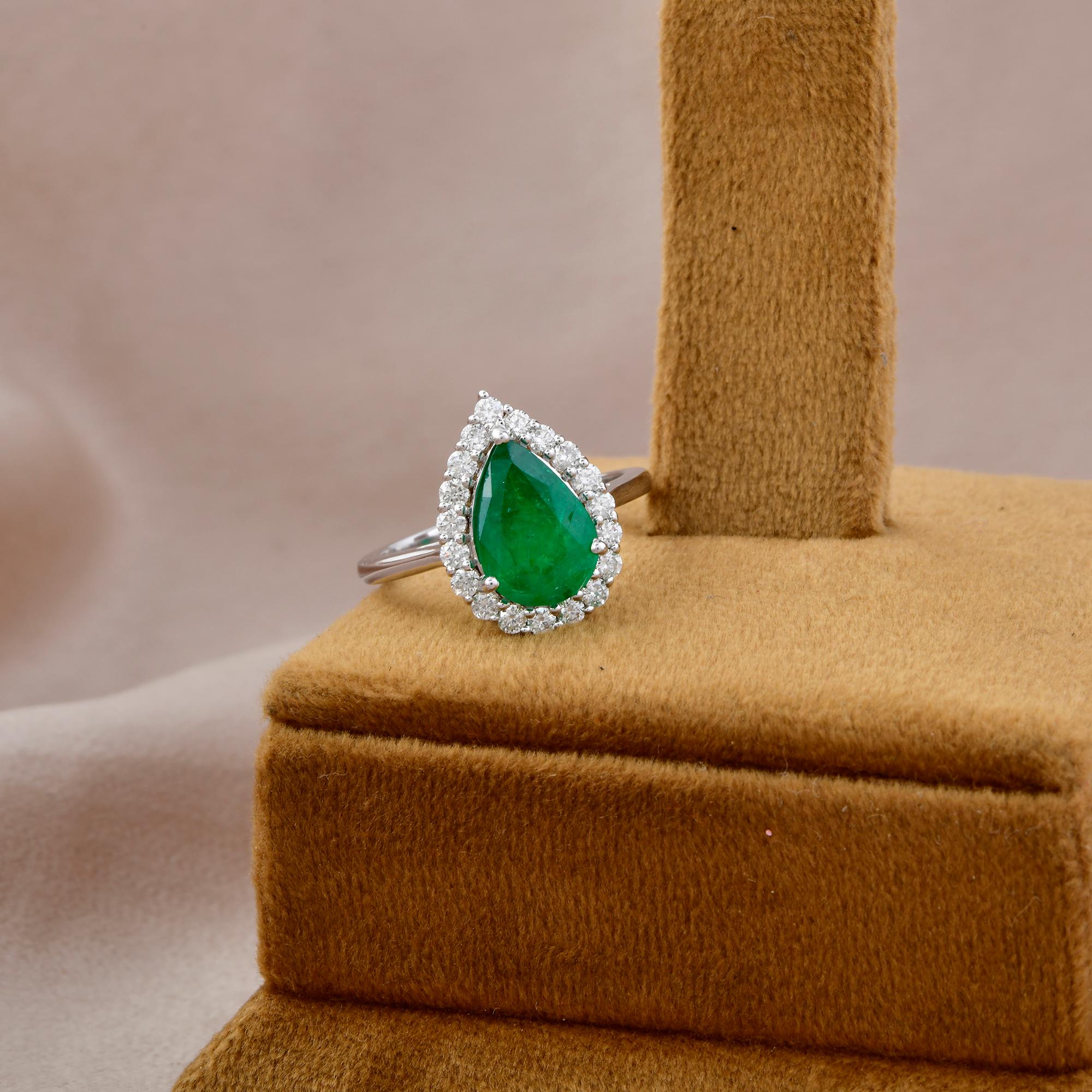 Pear Cut Natural Pear Zambian Emerald Gemstone Cocktail Ring Diamond 18 Karat White Gold For Sale