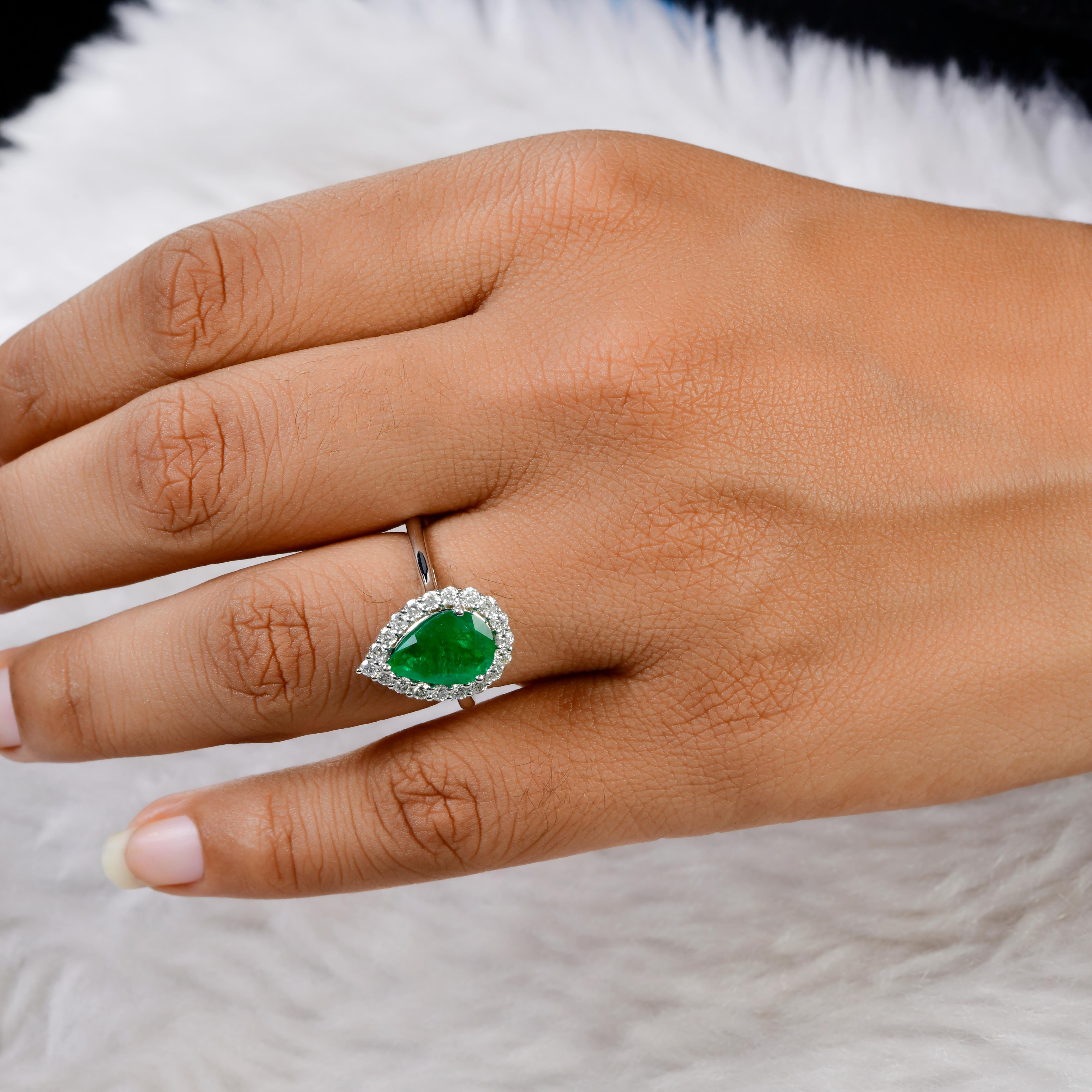 Women's Natural Pear Zambian Emerald Gemstone Cocktail Ring Diamond 18 Karat White Gold For Sale