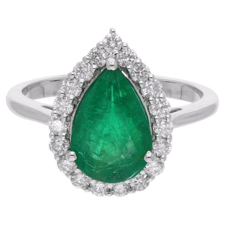 Natural Pear Zambian Emerald Gemstone Cocktail Ring Diamond 18 Karat White Gold For Sale