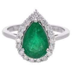 Natural Pear Zambian Emerald Gemstone Cocktail Ring Diamond 18 Karat White Gold