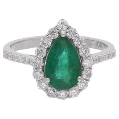 Natural Pear Zambian Emerald Gemstone Cocktail Ring Diamond 18 Karat White Gold