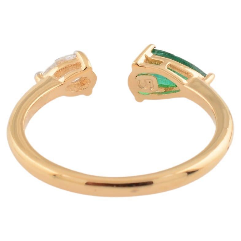 Modern Natural Pear Zambian Emerald Gemstone Cuff Ring Diamond 14 Karat Yellow Gold For Sale