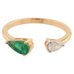 Natural Pear Zambian Emerald Gemstone Cuff Ring Diamond 14 Karat Yellow Gold